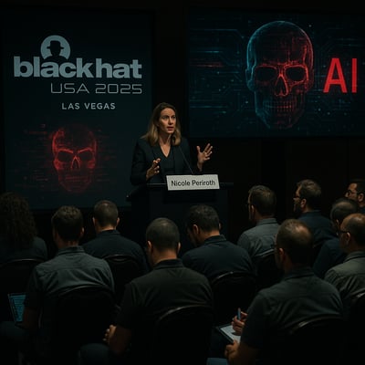 A dimly lit conference room in Las Vegas filled with focused attendees seated on black chairs their attention fixated on a speaker at the front Nicole Perlroth stands confidently at a podium her expression earnest as she gestures passionately large s-1