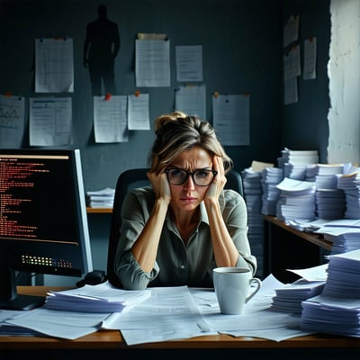 A dimly lit office filled with scattered papers and a flickering computer screen displaying a warning message about a ransomware attack In the foreground a small business owner a middleaged woman with a worried expression sits at her cluttered desk c