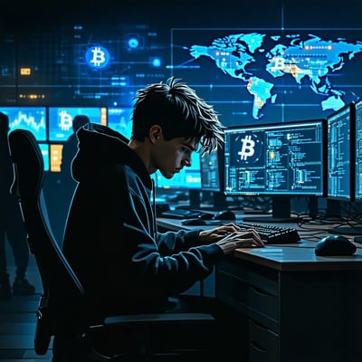 A dimly lit room filled with computer screens displaying lines of code and hacking forums In the foreground a young man with tousled hair wearing a black hoodie sits intently at a keyboard his face illuminated by the glow of the monitors Various digi