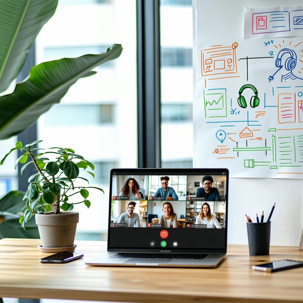 A modern office space features a sleek, minimalistic design with a large window letting in natural light