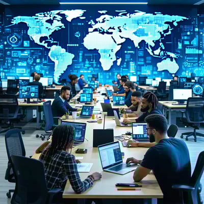An overhead view of a bustling office environment filled with rows of sleek modern desks Each workstation is equipped with multiple laptops their screens illuminated with various lines of code and digital interfaces A large digital map of the world g-1