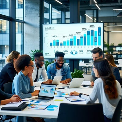 The image depicts a bustling ATT office environment filled with employees engaged in various activities In the foreground a group of professionals huddles around a conference table intently discussing a data breach incident with laptops and documents-1