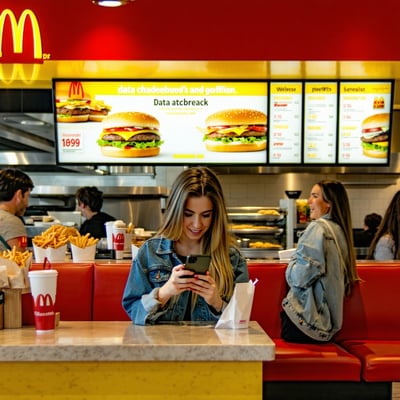 The image depicts a bustling McDonalds restaurant filled with customers at the counter and in booths eagerly awaiting their meals The interior is brightly lit with the iconic yellow and red color scheme showcasing the menu board filled with vibrant i