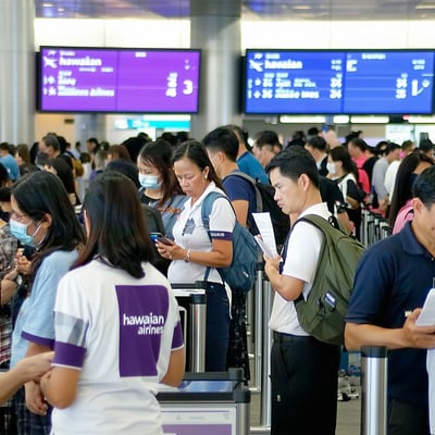 The image depicts a bustling airport terminal filled with passengers standing in long lines at checkin counters The atmosphere is tense with travelers expressing frustration as they glance at their phones and the digital screens displaying flight inf-1