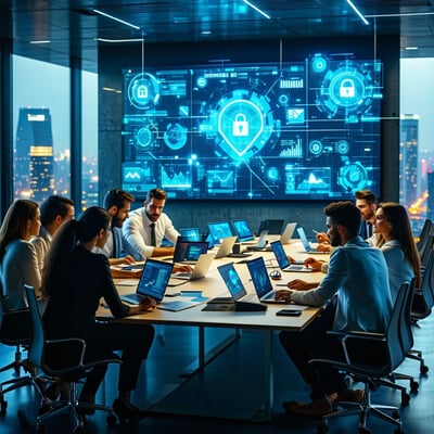The image depicts a bustling urban office environment illuminated by sleek modern lighting In the foreground a diverse group of cybersecurity professionals both men and women are engaged in focused discussions around a large conference table covered