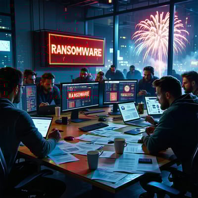 The image depicts a chaotic Ingram Micro office environment bathed in dim flickering light with several computer screens displaying ominous warning messages about a ransomware attack A group of concerned employees huddles around a central table their-1