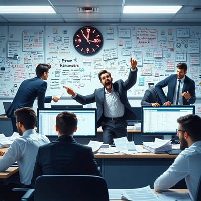 The image depicts a chaotic scene in a municipal office where stressed employees are crowded around computer screens displaying error messages and warnings about a ransomware attack Papers are strewn across desks and a large digital clock on the wall