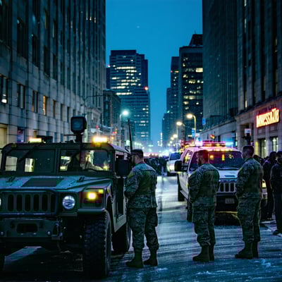 The image depicts a chaotic scene in downtown St Paul Minnesota on a chilly winter evening A sense of urgency fills the air as National Guard soldiers clad in camouflage uniforms set up a command post outside a municipal building illuminated by brigh