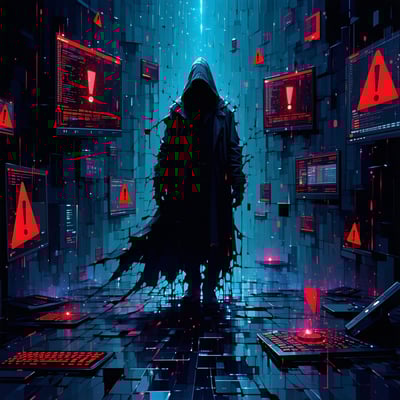The image depicts a dark ominous digital landscape filled with abstract shapes resembling fragmented computer screens and cascading lines of code In the foreground a menacing shadowy figure looms representing the Gunra ransomware threat its form is i-1