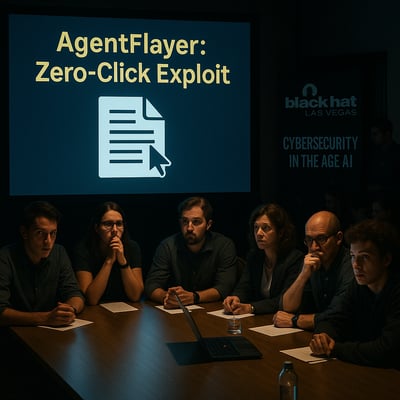 The image depicts a darkened conference room at the Black Hat conference in Las Vegas illuminated only by the glow of a large screen displaying the title AgentFlayer ZeroClick Exploit A group of concerned cybersecurity professionals are seated at a r