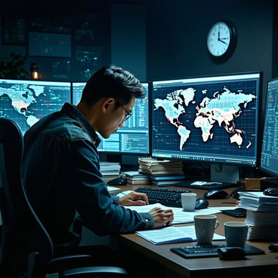 The image depicts a darkened office environment illuminated by the glow of multiple computer screens displaying various security alerts and code In the foreground a concerned IT professional a middleaged Asian man is intently reviewing a detailed cyb