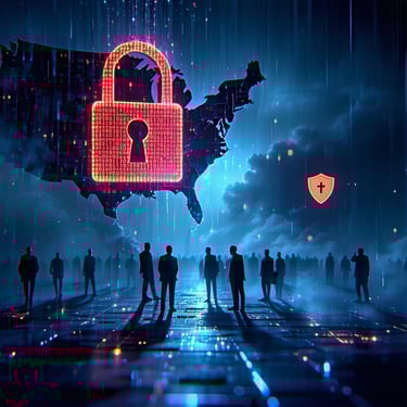 The image depicts a digital landscape filled with ominous shadows of computer code and abstract representations of a network under siege In the foreground a glowing red lock symbolizes a ransomware attack while dark silhouettes of hackers loom over a-1