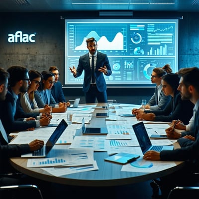 The image depicts a dimly lit conference room where a group of concerned professionals gathers around a large oval table In the background you can see a large AFLAC logo Papers and digital devices are scattered across the surface displaying graphs an-4