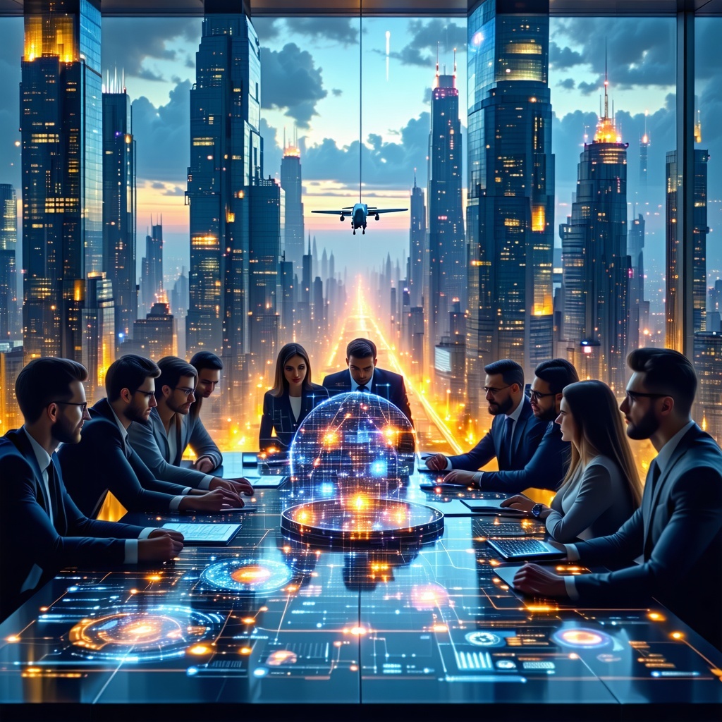 The image depicts a futuristic city skyline at dawn with sleek towering skyscrapers made of glass and steel reflecting the first golden rays of sun In the foreground a diverse group of professionalsmen and women of various ethnicitiesgather around a The image depicts a futuristic city skyline at dawn with sleek towering skyscrapers made of glass and steel reflecting the first golden rays of sun In the foreground a diverse group of professionalsmen and women of various ethnicitiesgather around a