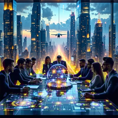 The image depicts a futuristic city skyline at dawn with sleek towering skyscrapers made of glass and steel reflecting the first golden rays of sun In the foreground a diverse group of professionalsmen and women of various ethnicitiesgather around a