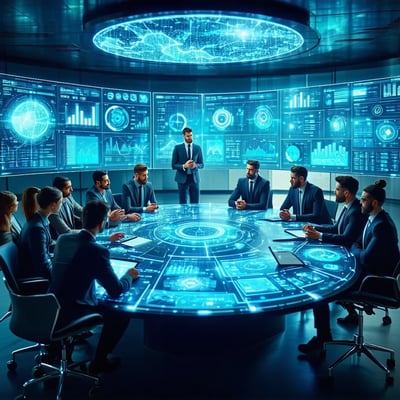 The image depicts a futuristic office environment filled with advanced technology In the foreground a sleek holographic interface displays metrics and analytics related to AI agents with vibrant graphs and alerts highlighting security concerns A dive