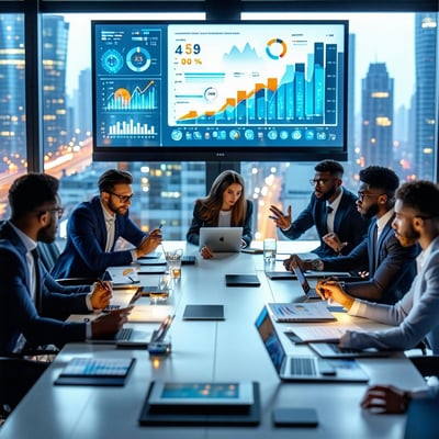 The image depicts a modern corporate office environment illuminated by soft fluorescent lighting In the foreground a group of diverse business leaders including men and women of various ethnicities are engaged in a serious discussion around a sleek c