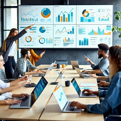 The image depicts a modern office environment where a diverse team of professionals engages in a dynamic discussion around a large conference table