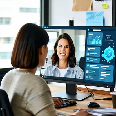 The image depicts a modern office environment where an employee sits at a desk engaged in a Microsoft Teams video call The screen shows a friendly seemingly helpful IT support figure their expression warm and inviting The employee appearing focused y-1