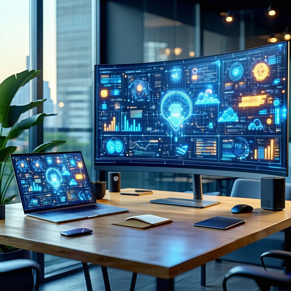 The image depicts a modern office environment, featuring a sleek, minimalist workspace with a large, curved computer monitor displaying intricate data