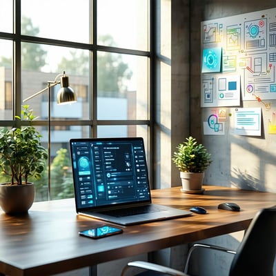 The image depicts a sleek, modern workspace illuminated by warm, natural light streaming in through large windows