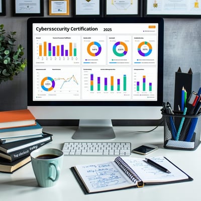 The image depicts a sleek, modern workspace with a large computer monitor displaying a cybersecurity certification dashboard