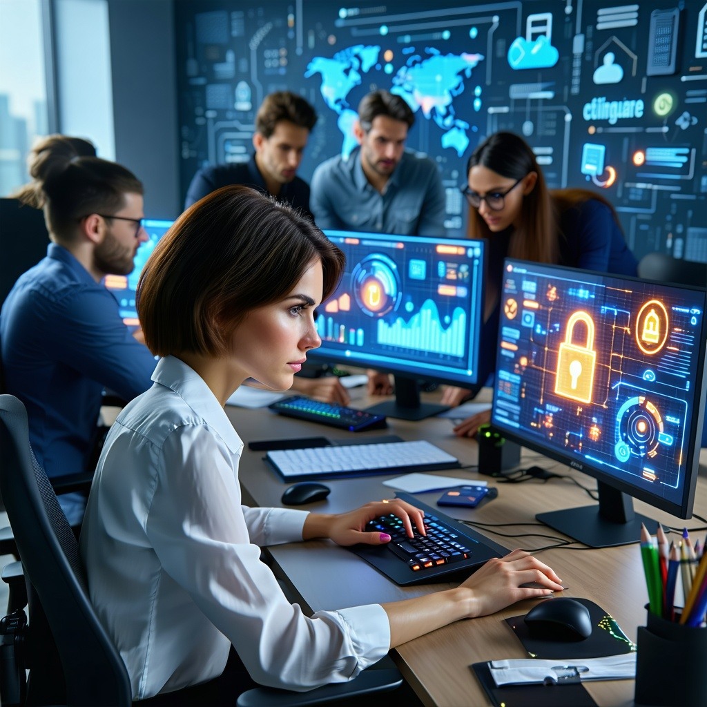 The image depicts a small business office with multiple computer workstations