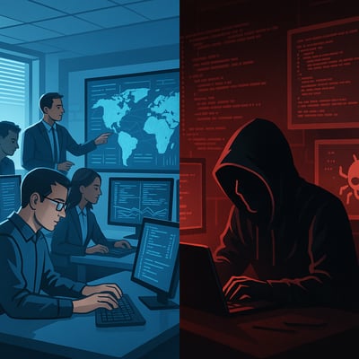 The image depicts a split scene representing the dual narratives of AI in cybersecurity On the left a welllit modern office filled with cybersecurity professionals engaged in analysis and strategy They are surrounded by multiple screens displaying gr-1