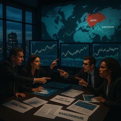 The image depicts a stark modern office environment with large windows overlooking a bustling cityscape at dusk The room is filled with hightech screens displaying dynamic graphs and data related to cryptocurrency transactions In the foreground a div