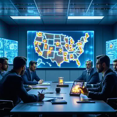 The image depicts a tense cybersecurity briefing room illuminated by harsh fluorescent lights A large digital screen at the front displays a map of the United States highlighting various critical infrastructure locations such as water treatment plant