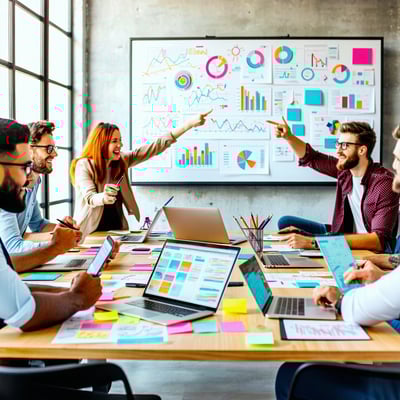 The image depicts a vibrant office environment where a diverse team of marketing professionals collaborates around a large table Laptops are open displaying graphs and social media analytics while colorful sticky notes and sketches of marketing strat-1