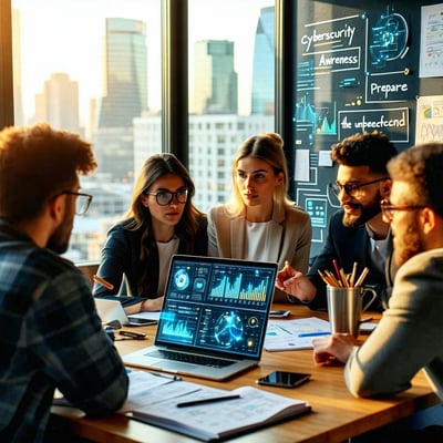 The image features a diverse group of small business owners gathered around a conference table deep in discussion A laptop is open in front of them displaying a cybersecurity dashboard filled with graphs and alerts The atmosphere is tense yet focused
