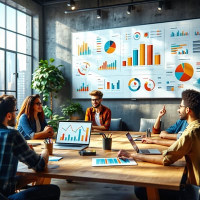 The image features a sleek, modern office space with a large, interactive digital screen displaying vibrant graphs and analytics related to online sal