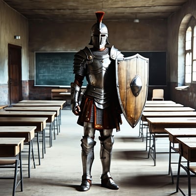 school classrooms protected by a centurion in a shining metal uniform holding a shield